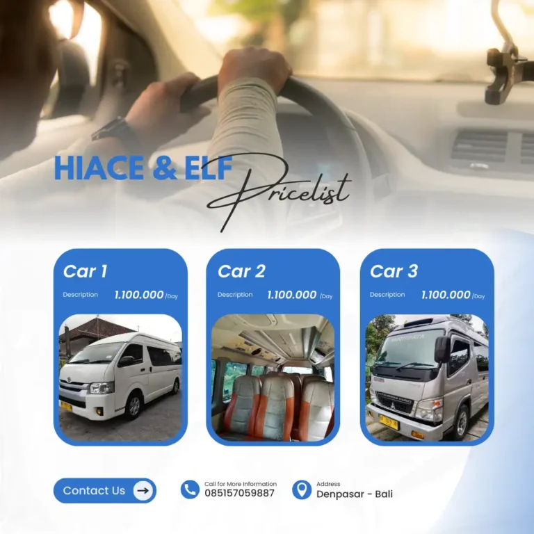 Rental Hiace di Bali kapasitas 14 orang, fasilitas AC, kursi empuk, dan layanan terbaik untuk perjalanan aman baik murah